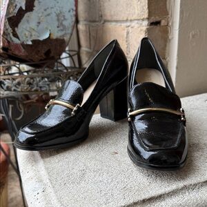 Black Patent Leather Pumps with Gold Accent